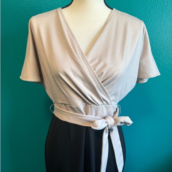 Grace Karin Taupe & Black Short Sleeve Midi Dress Women's Large - Picture 2 of 9